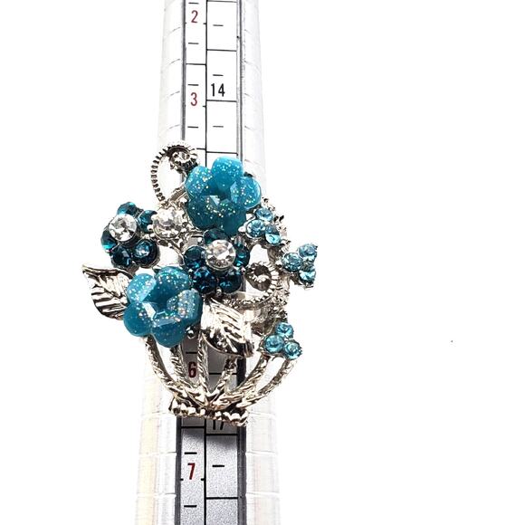 Flower Basket Ring Silver Tone Blue Turquoise Teal Rhinestones Adjustable Chunky - Picture 5 of 8
